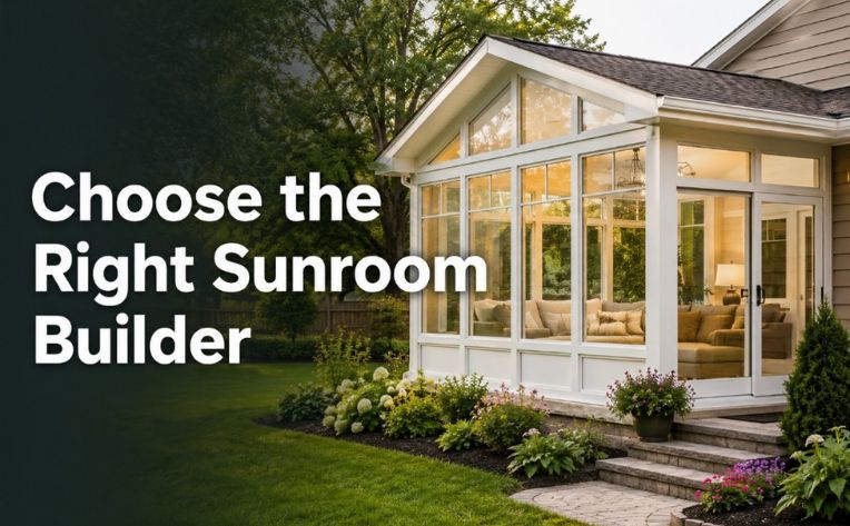 Sunroom exterior with the text “Choose the Right Sunroom Builder.”